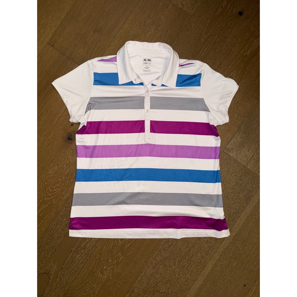 Adidas Golf ClimaCool Women XL Polo Shirt Striped Purple Blue White Short Sleeve